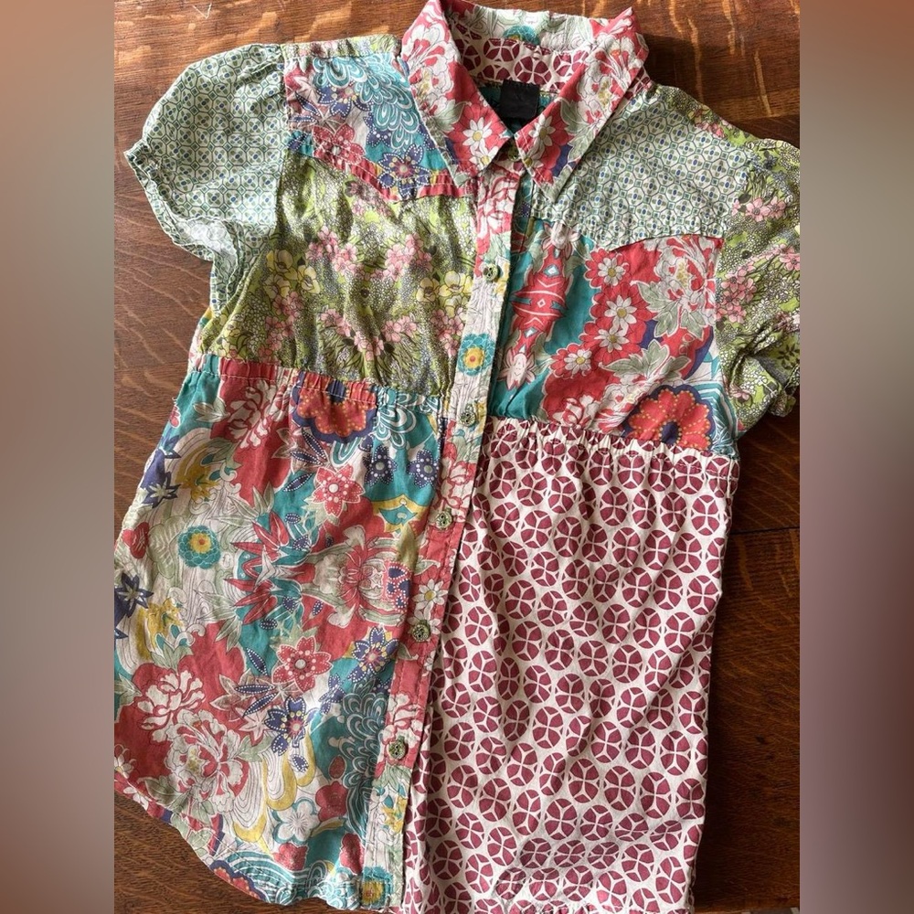 Colorful Bohemian Patchwork Button Down Blouse Sh… - image 5